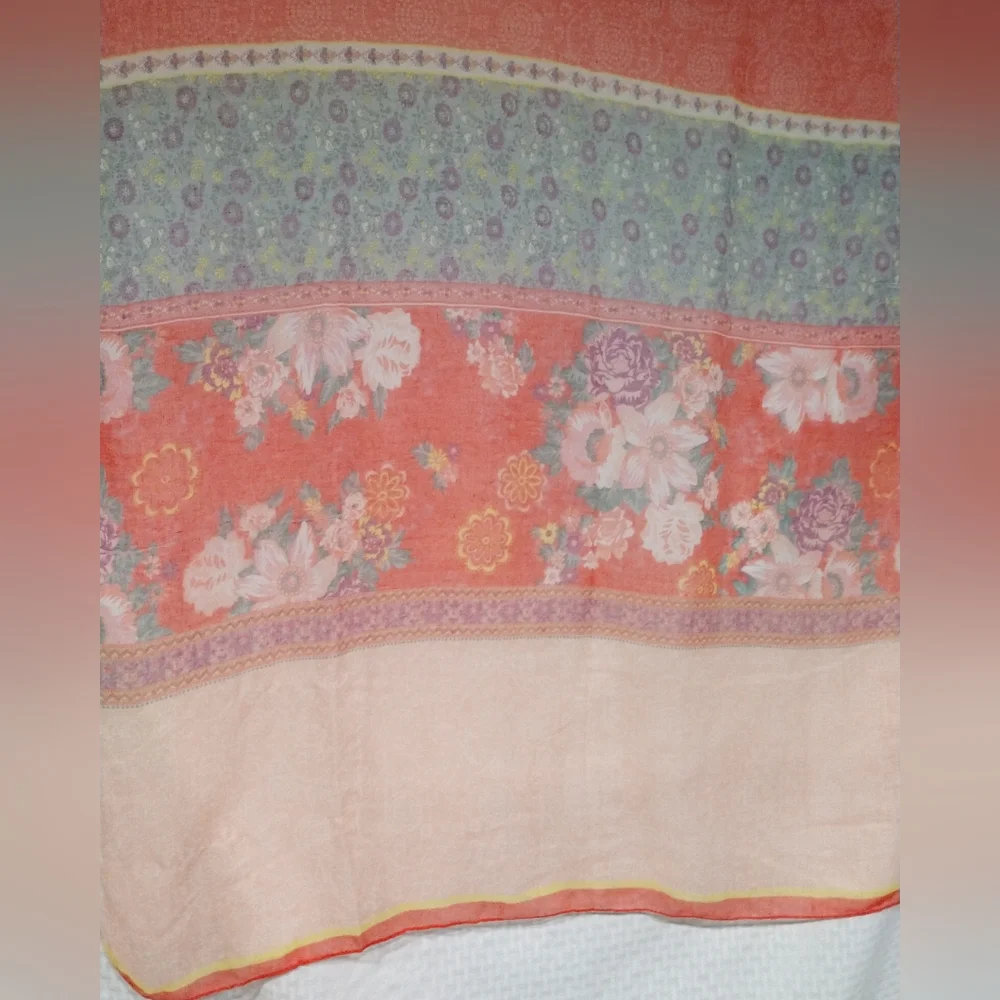Peachy Orange Floral Fashion Scarf Lightweight, Sheer, Rectangle